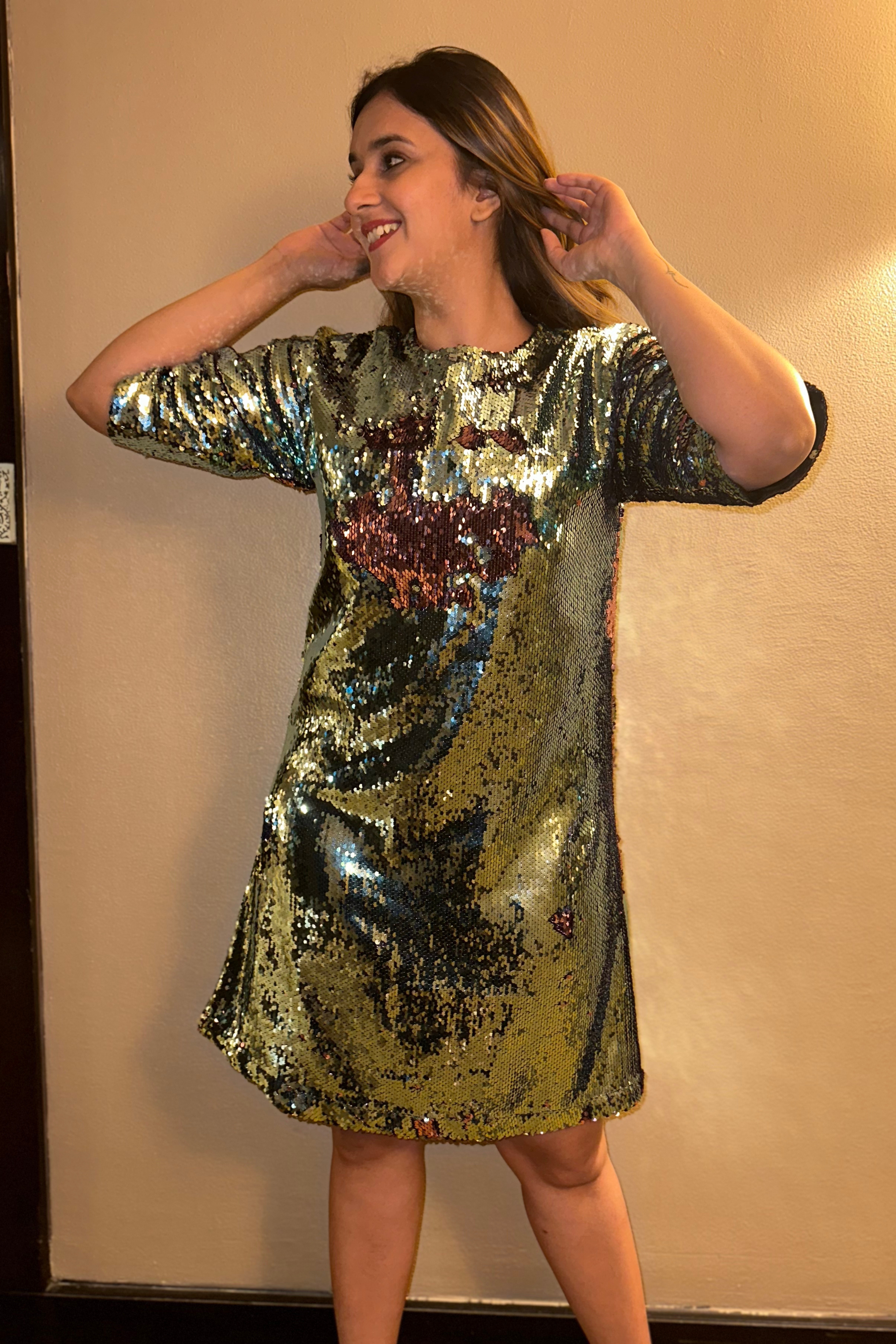Rhea Jain Ahuja in Disco Blue and pink Stardust Sequin Dress