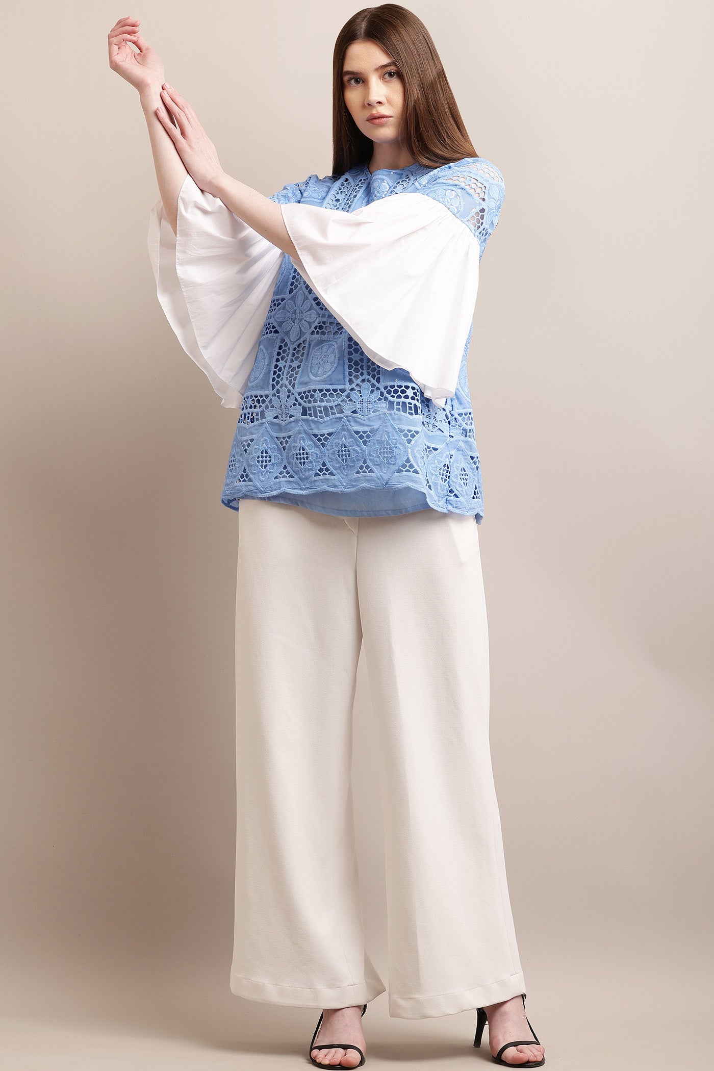 Summer Blue & White Sleeves Lace Top