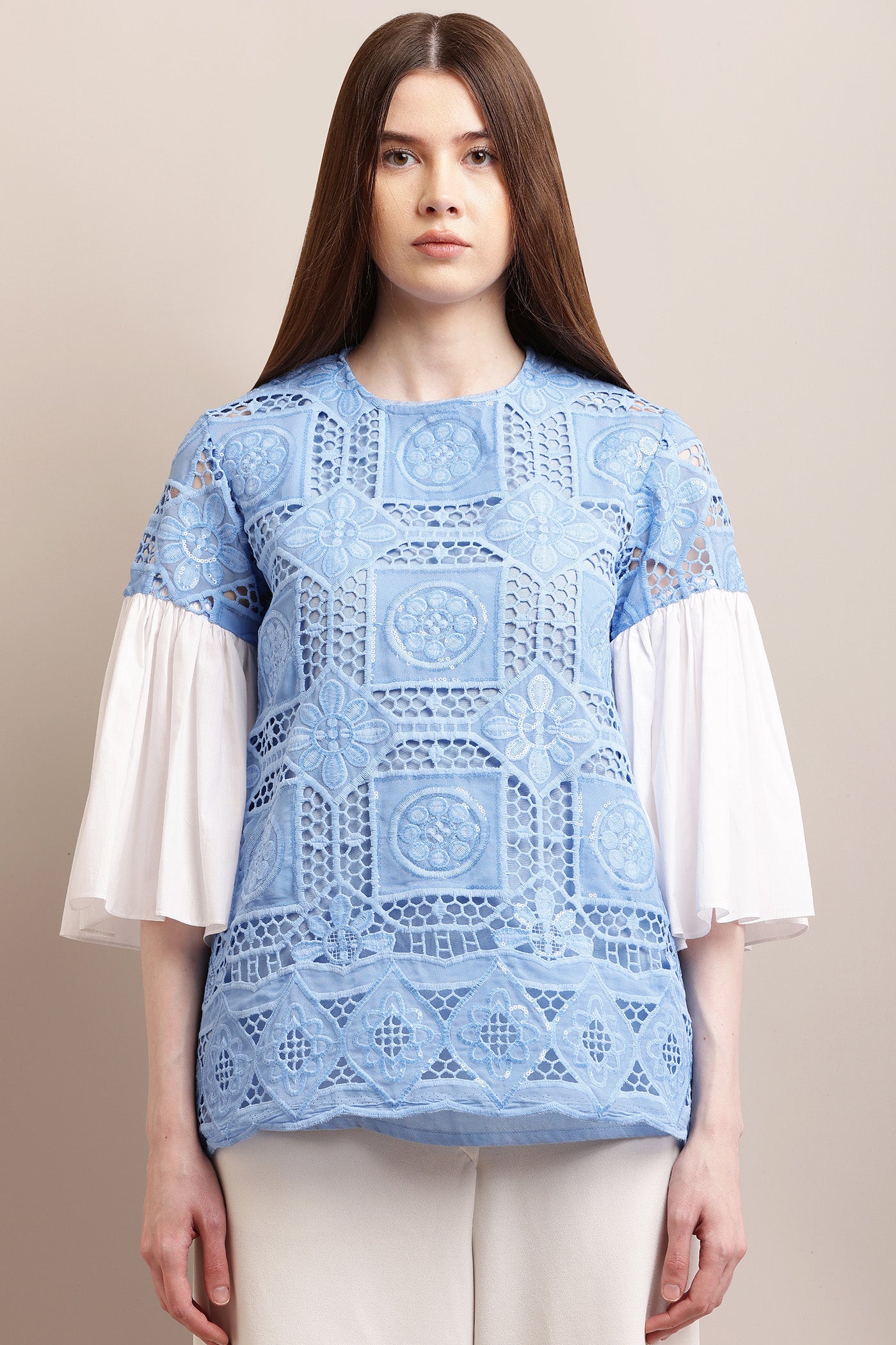Summer Blue & White Sleeves Lace Top