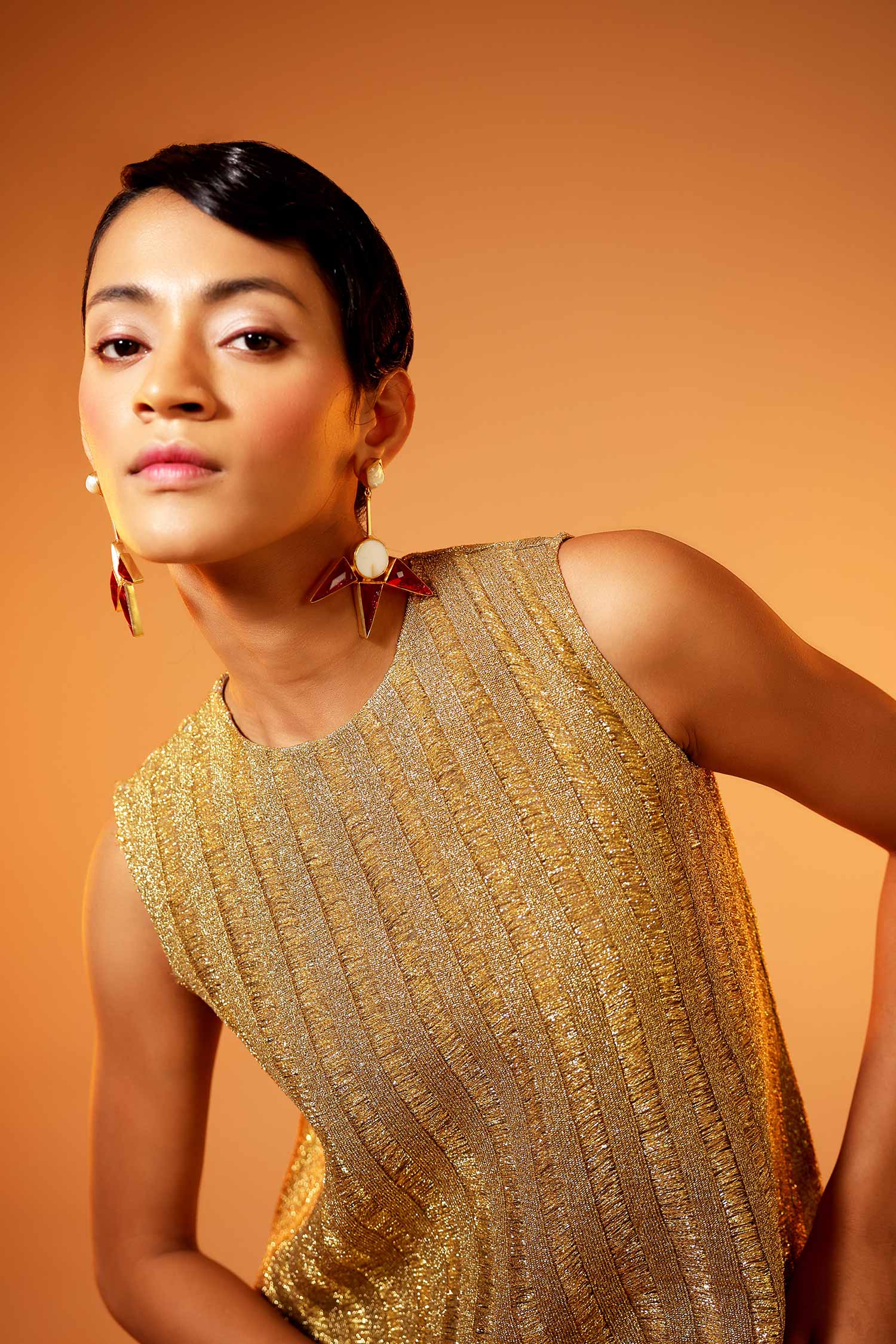 Golden mesh knit dress