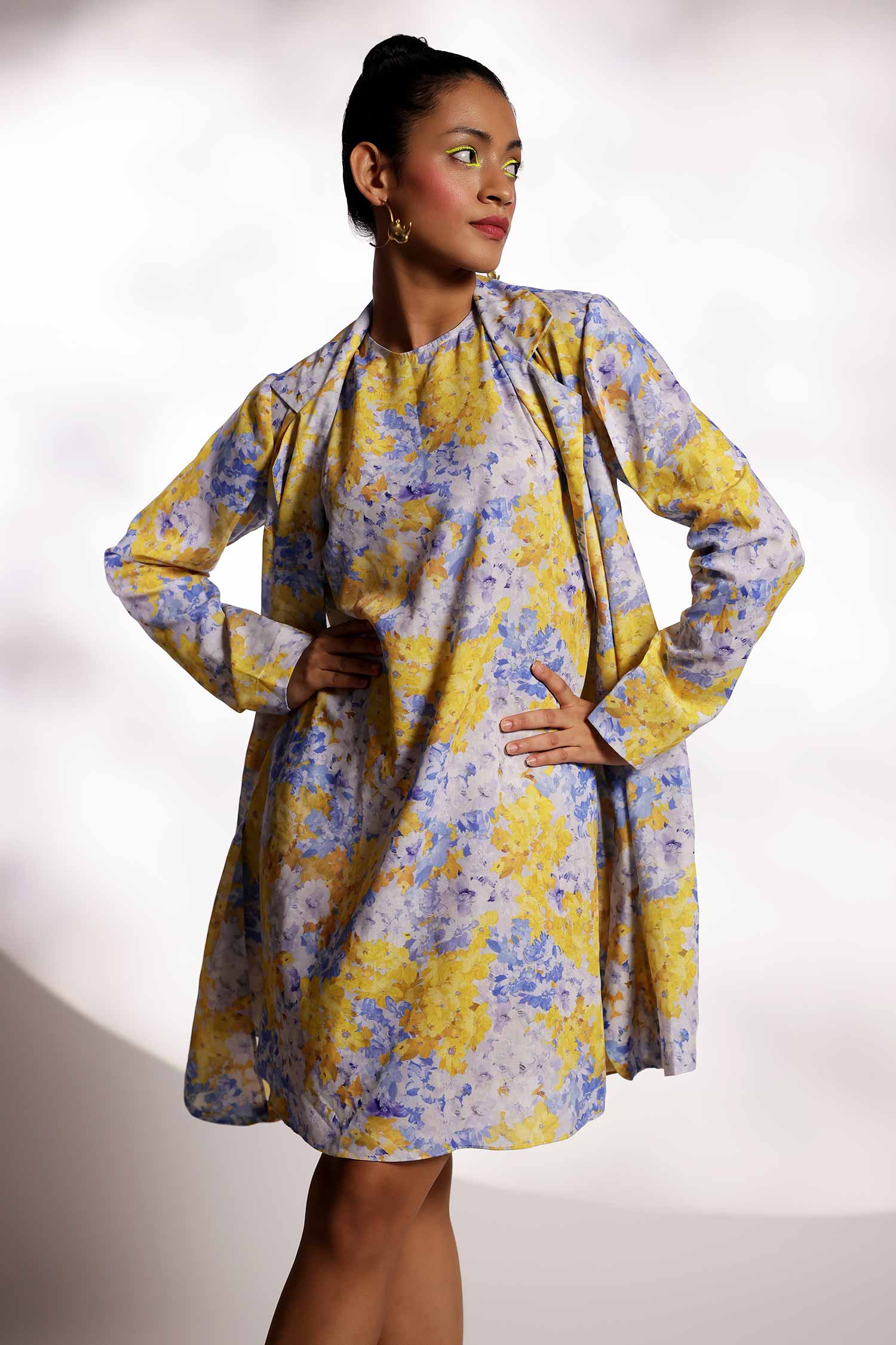 Yellow & Blue Print Blazer with dress