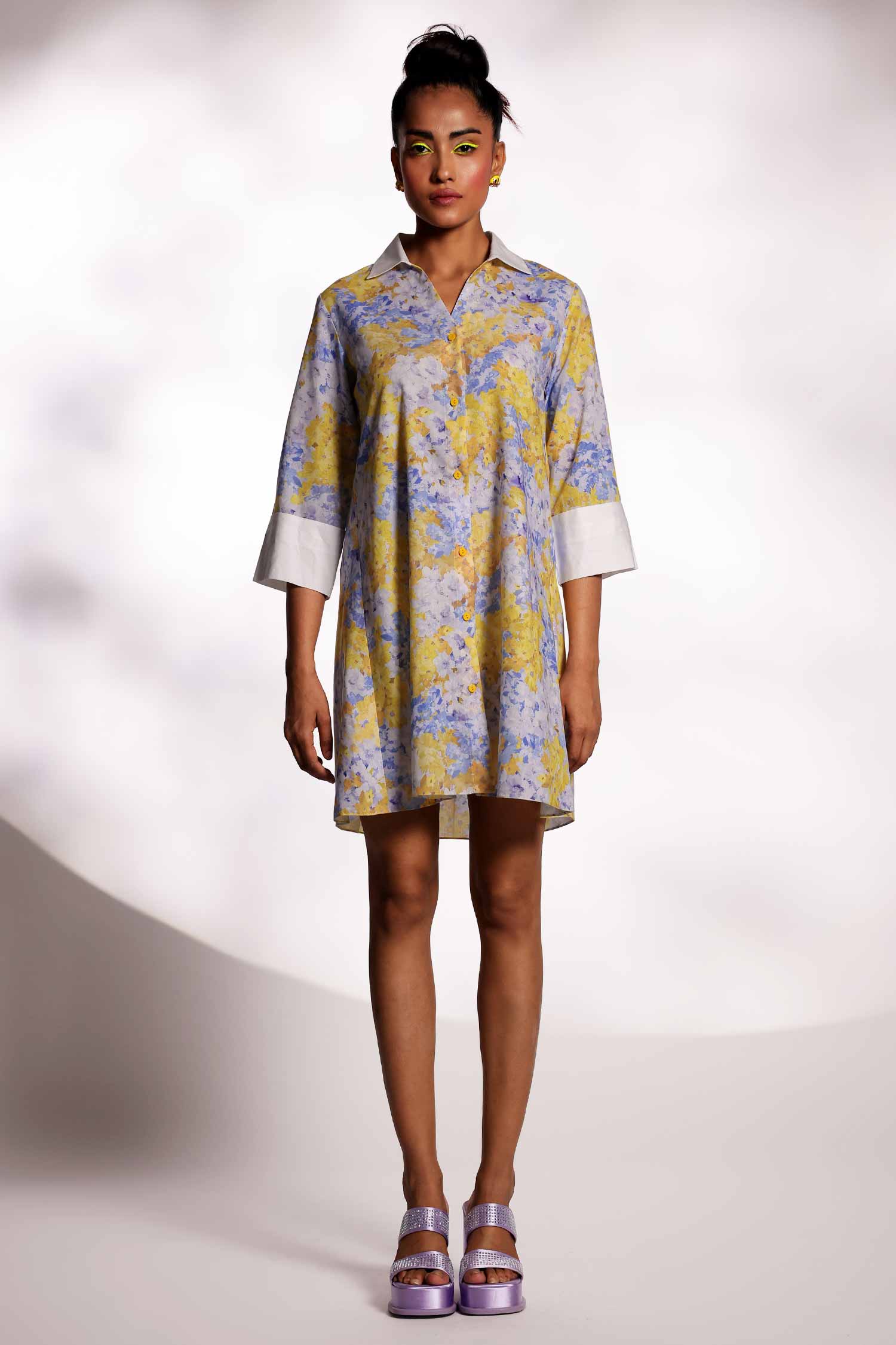 YELLOW BLUE SHIRT DRESS