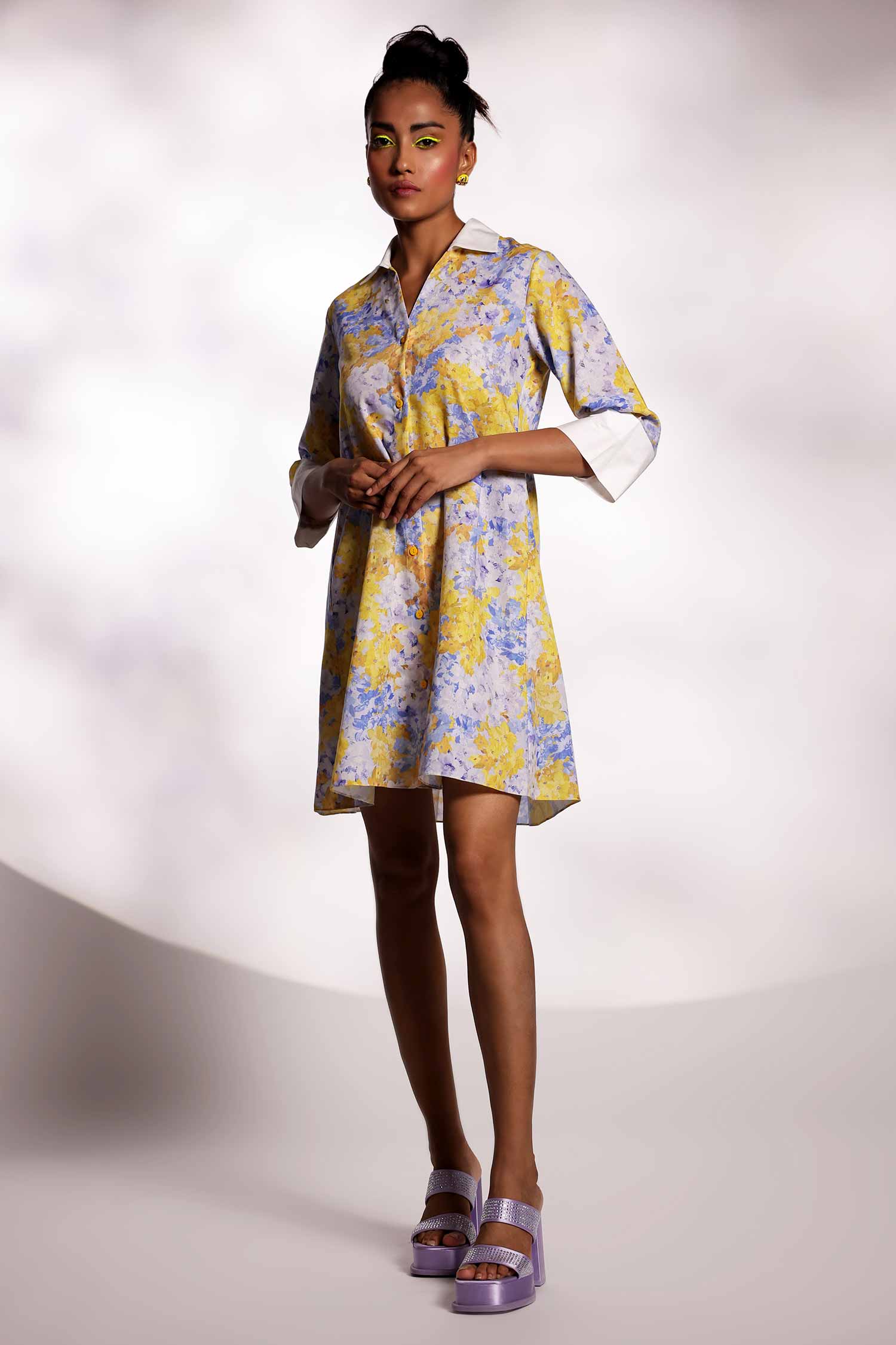 YELLOW BLUE SHIRT DRESS