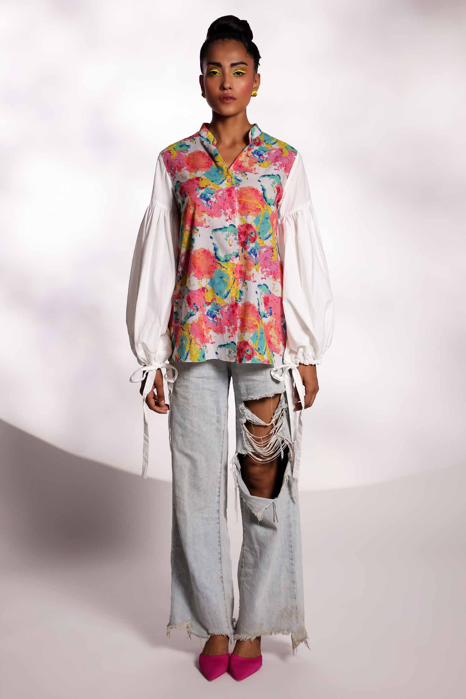 Multicolour shirt with popline white sleeves