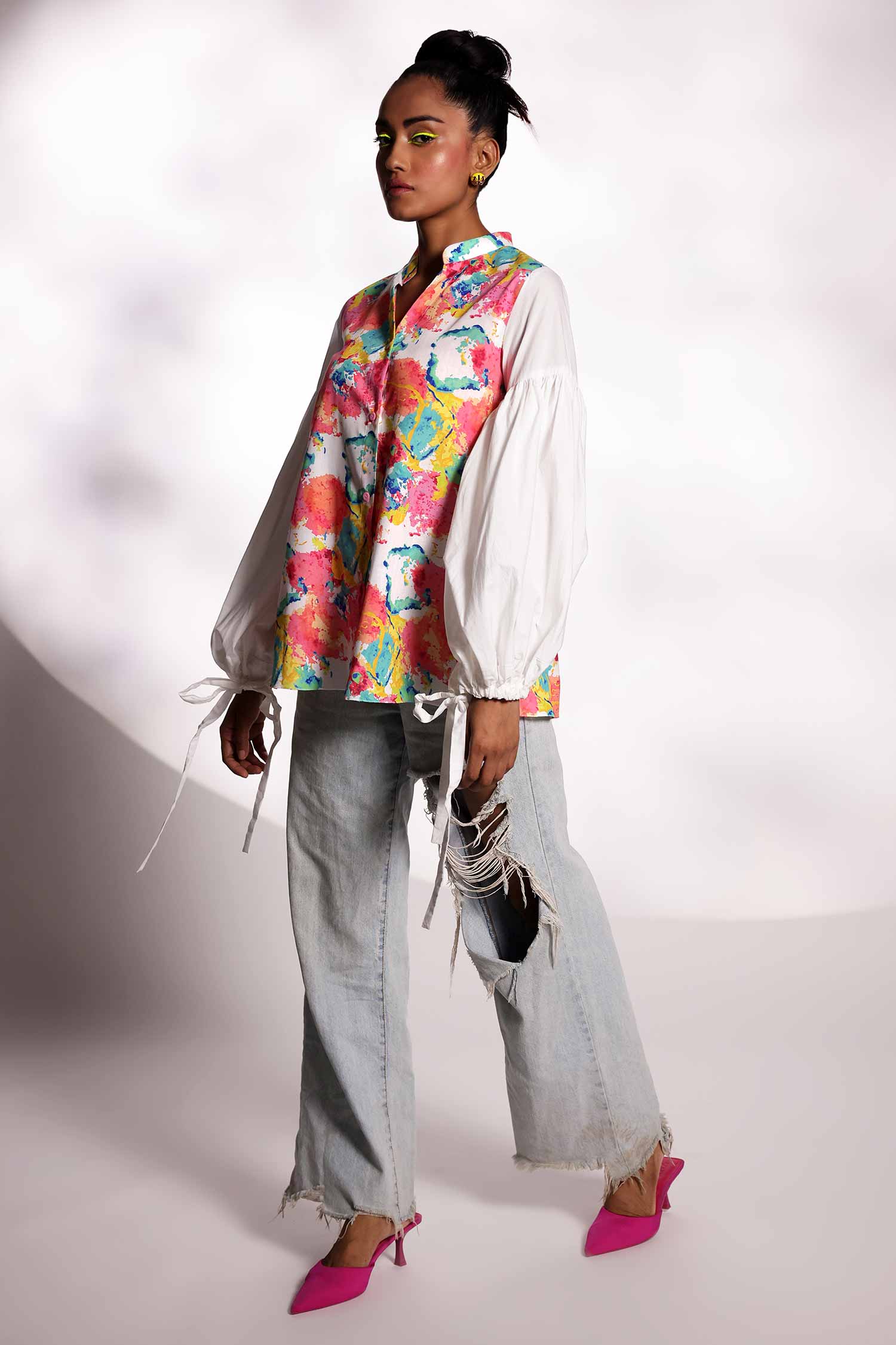 Multicolour shirt with popline white sleeves