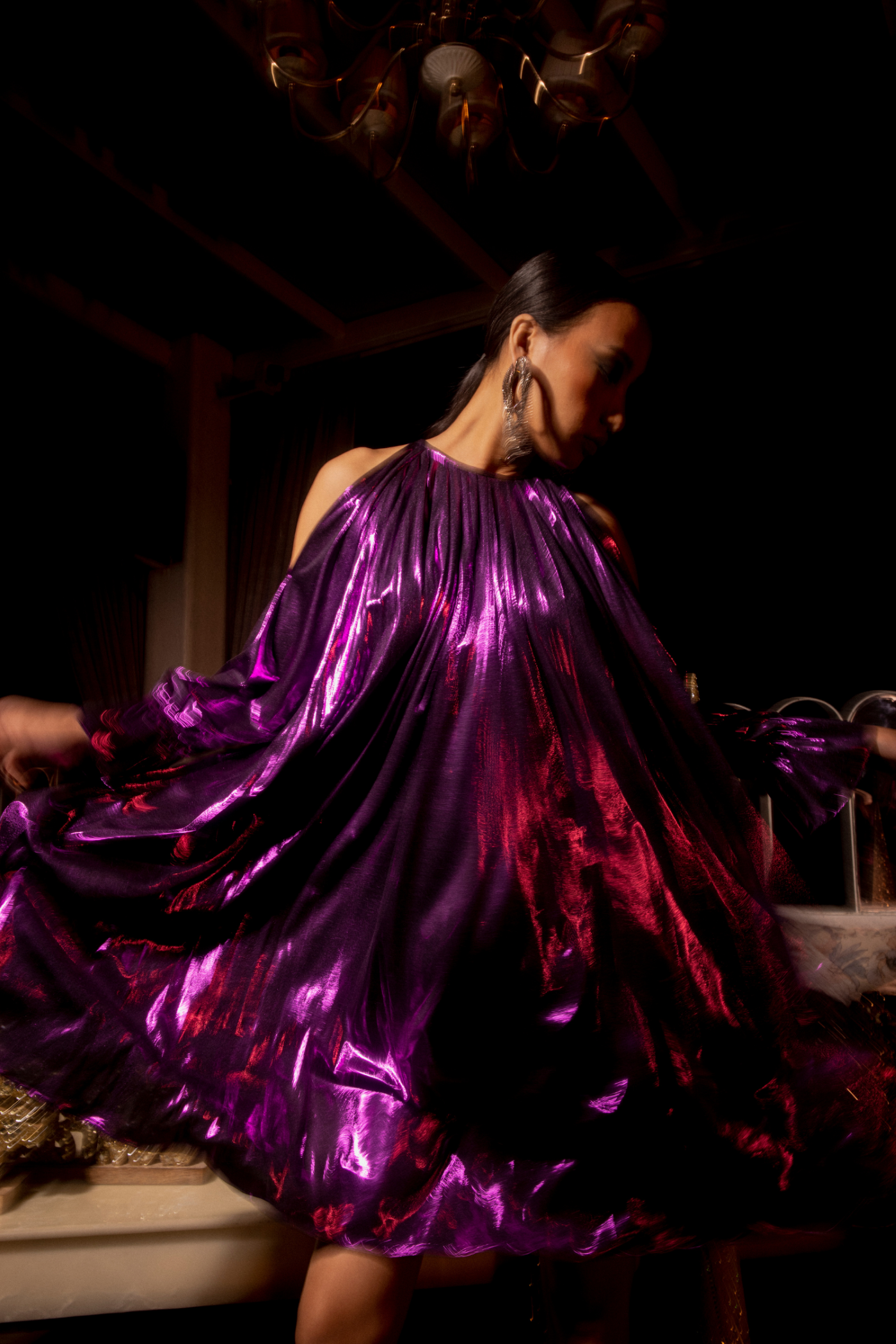 Purple Pleated Metallic Dress