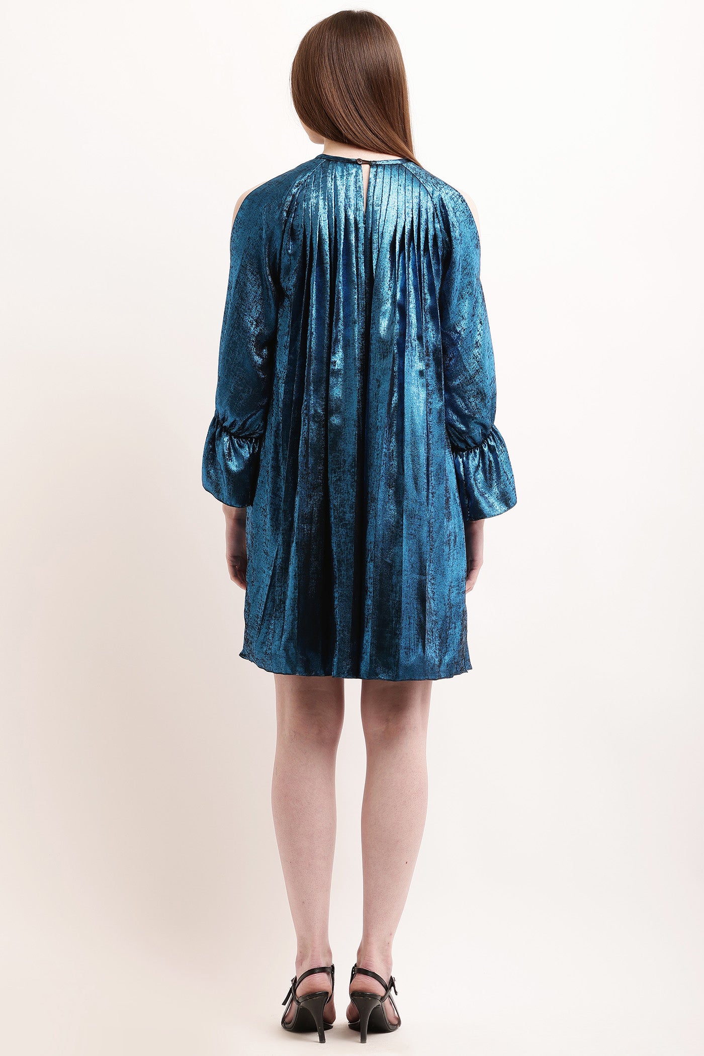 Seetha in Blue Pleated Metallic Dress