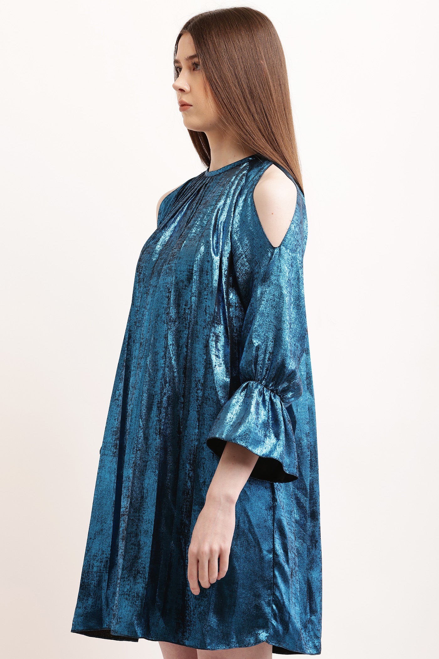 Blue Pleated Metallic Dress