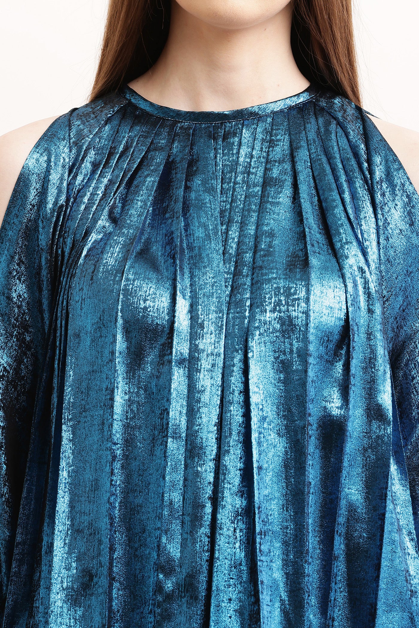 Seetha in Blue Pleated Metallic Dress