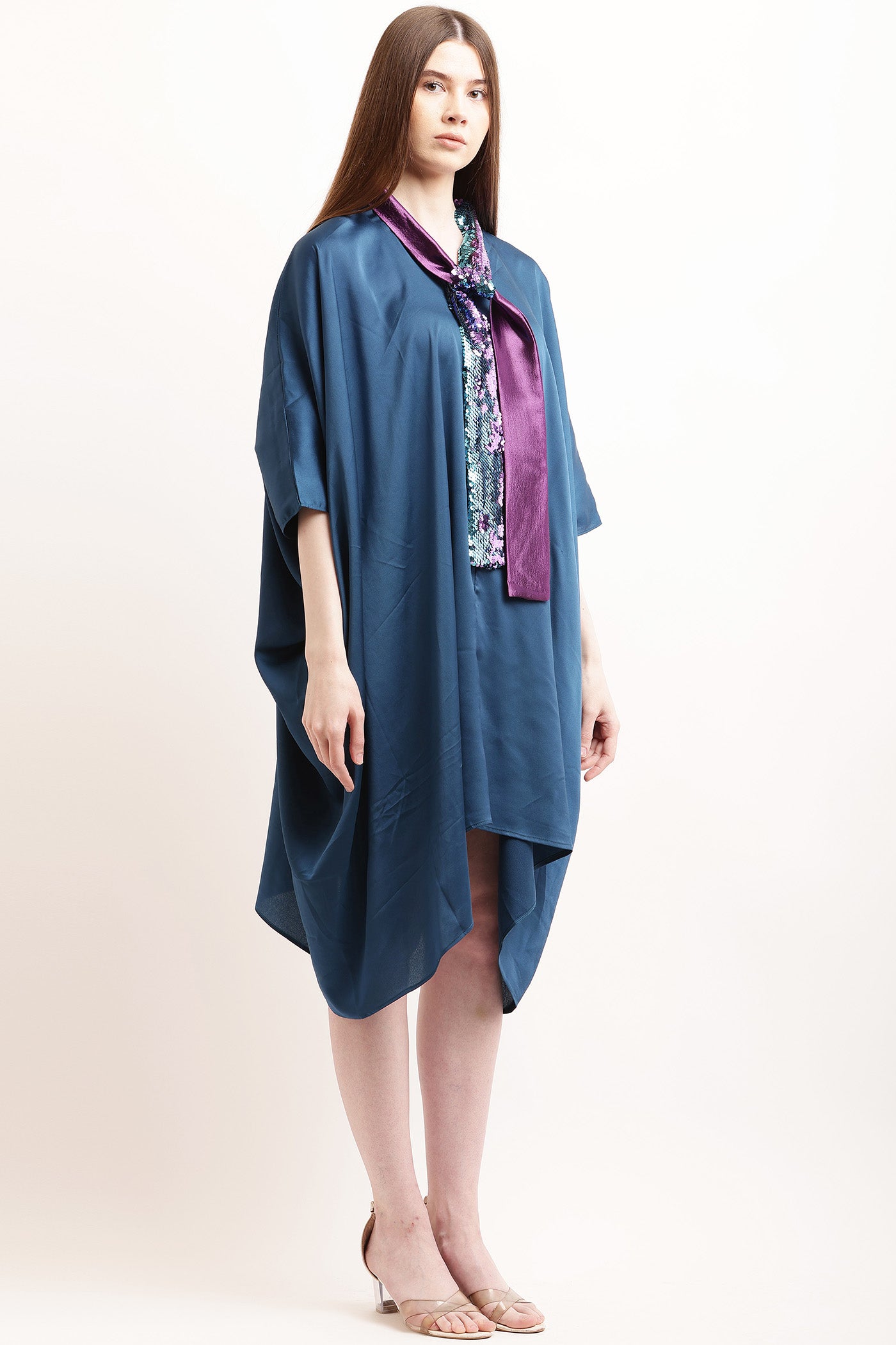 Blue Satin Kaftan With Sequence Sash