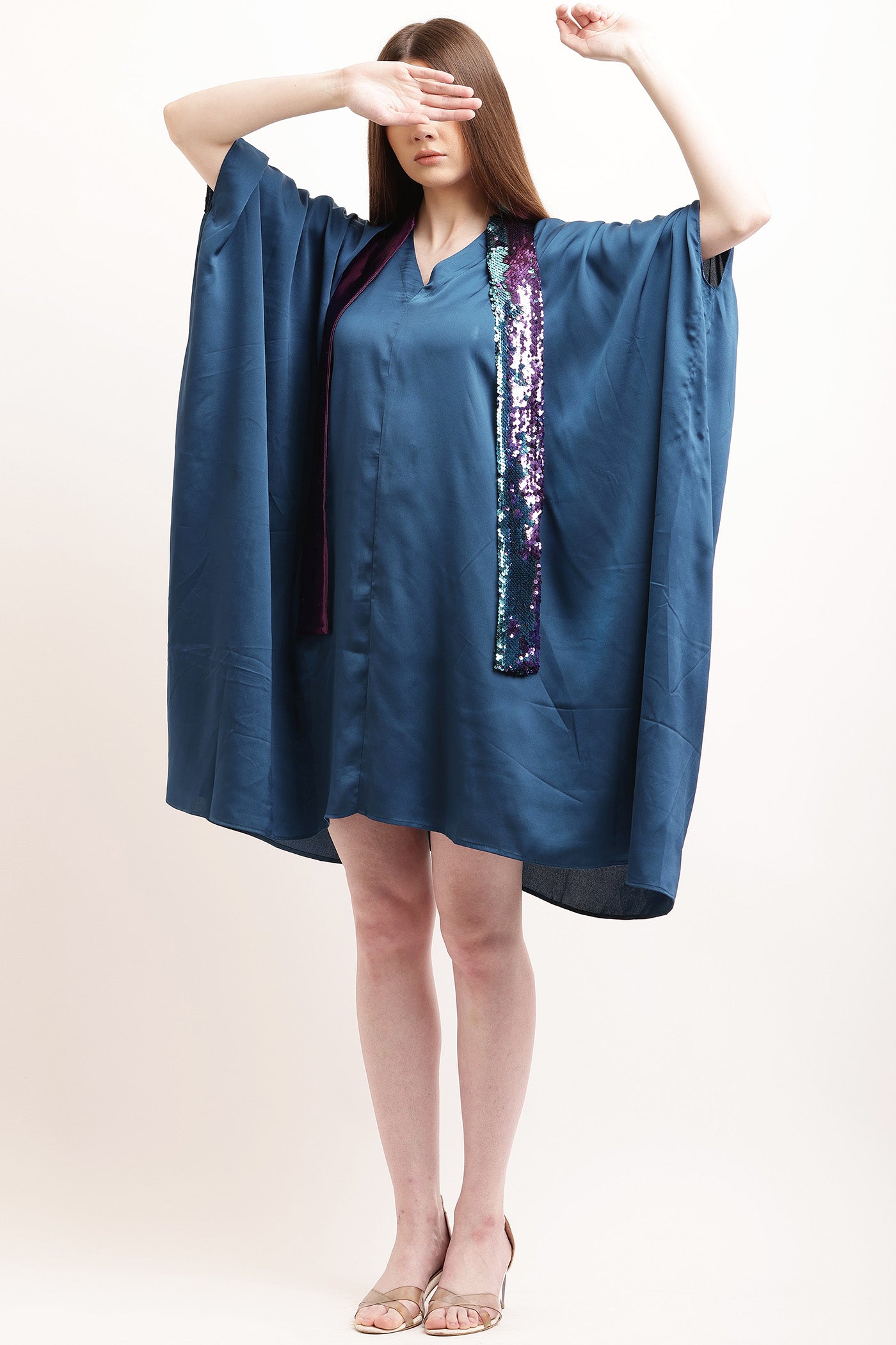 Blue Satin Kaftan With Sequence Sash