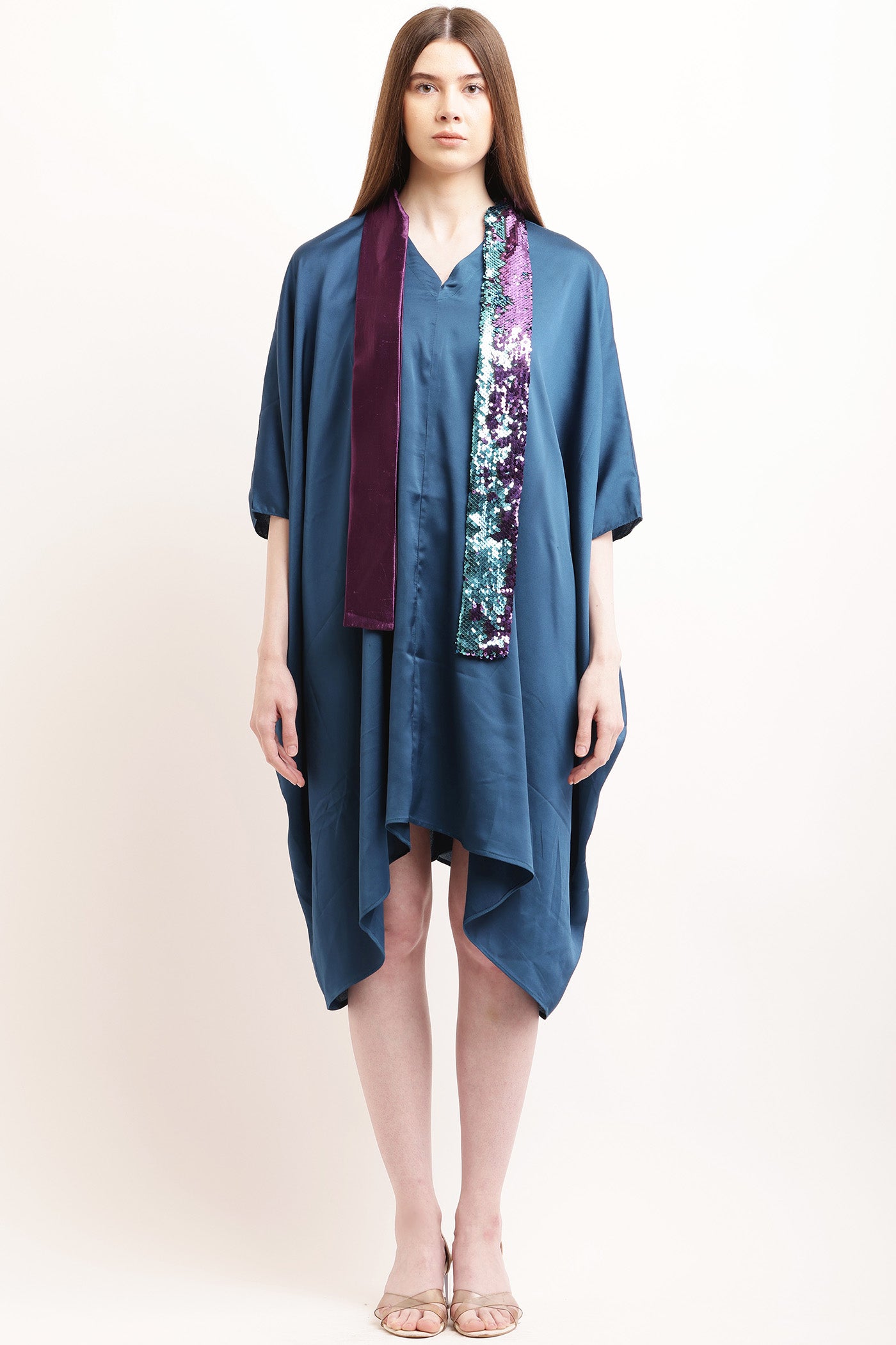 Blue Satin Kaftan With Sequence Sash