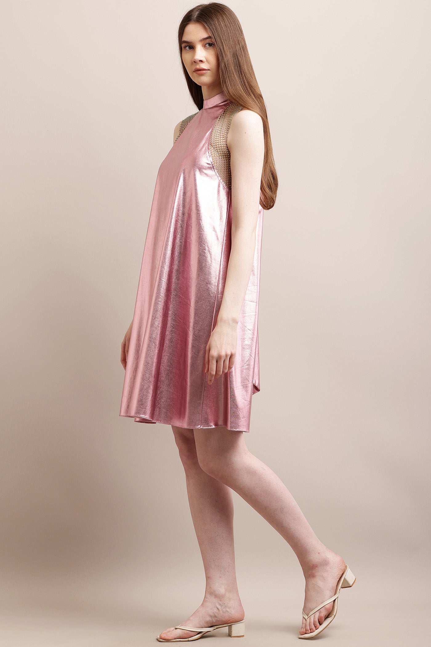Light Pink Metalic & Rhinestone Halter Dress