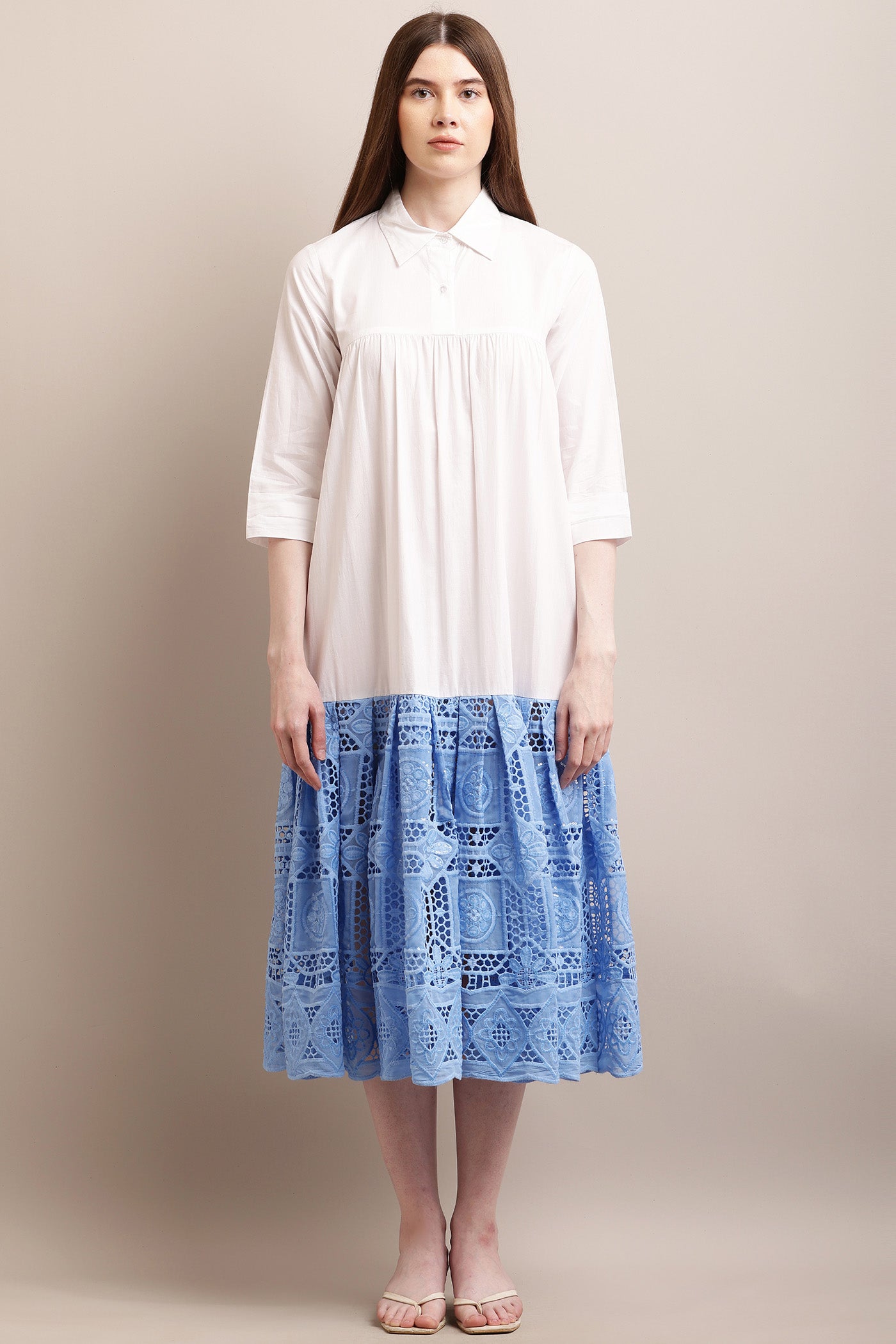White And Blue Pleated Lace Shirt Dress