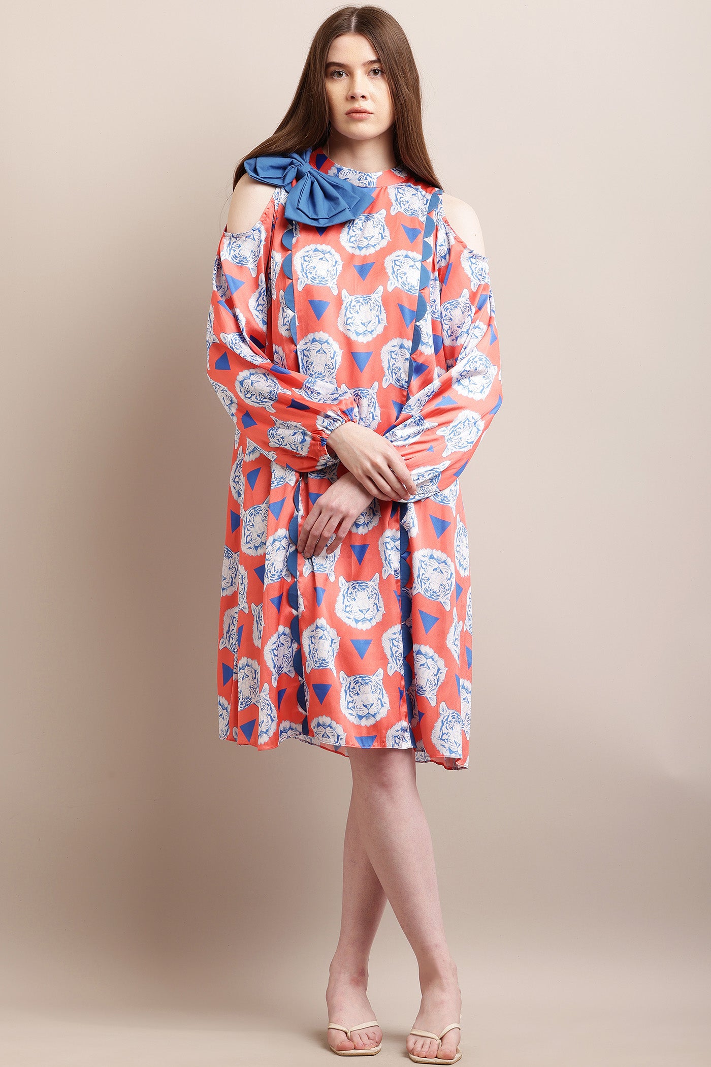 Red & Blue Print Bow & Scallop Dress