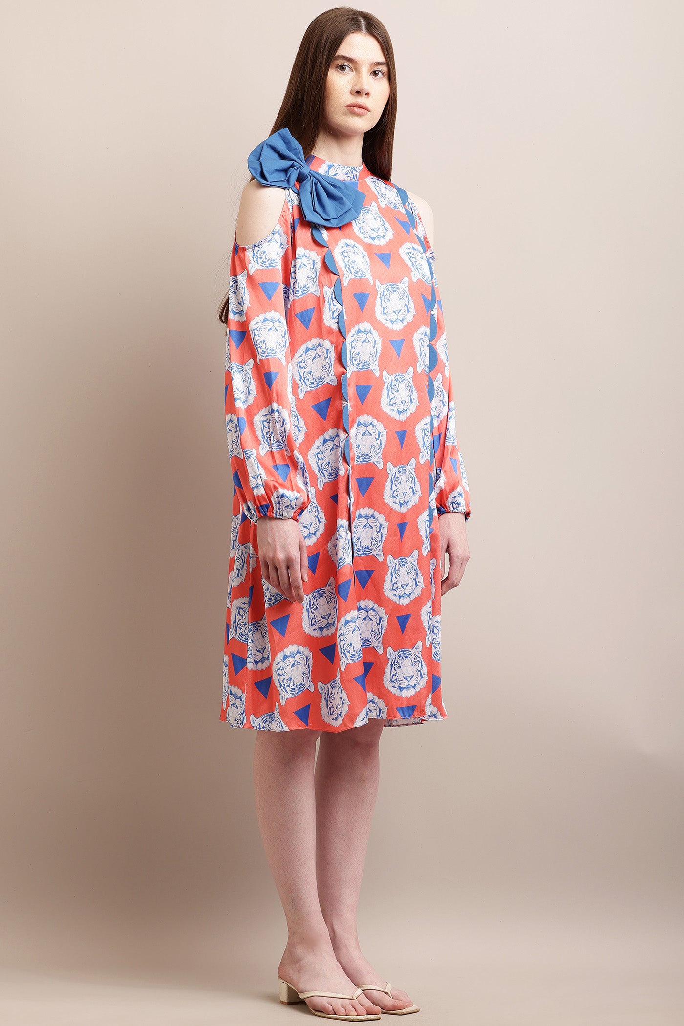 Red & Blue Print Bow & Scallop Dress