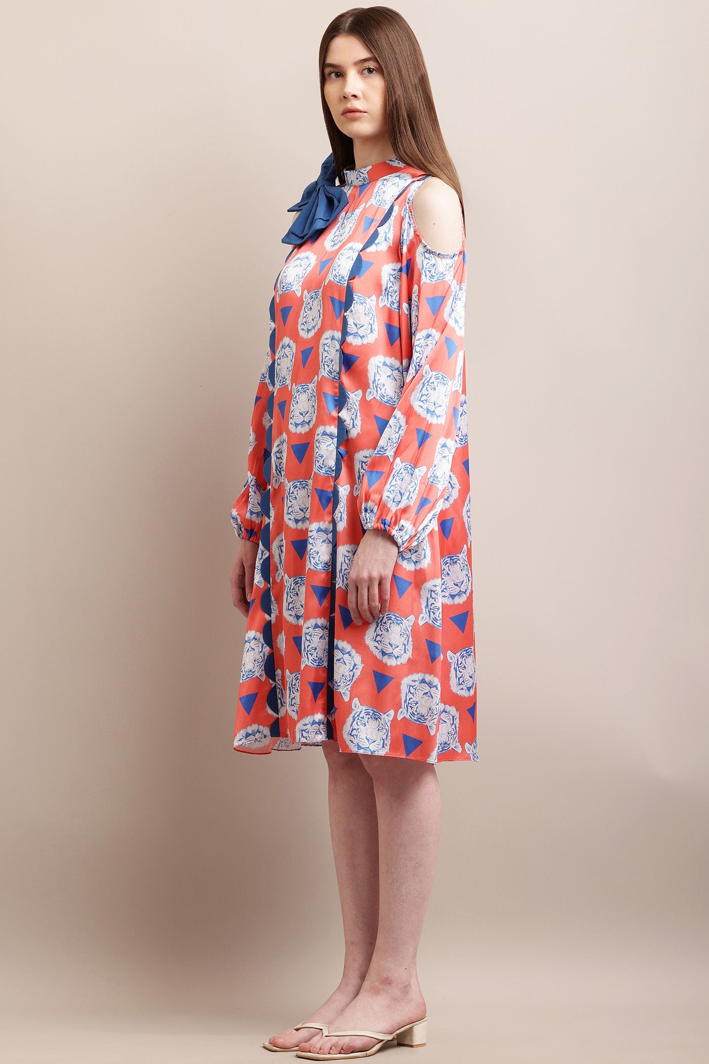 Red & Blue Print Bow & Scallop Dress