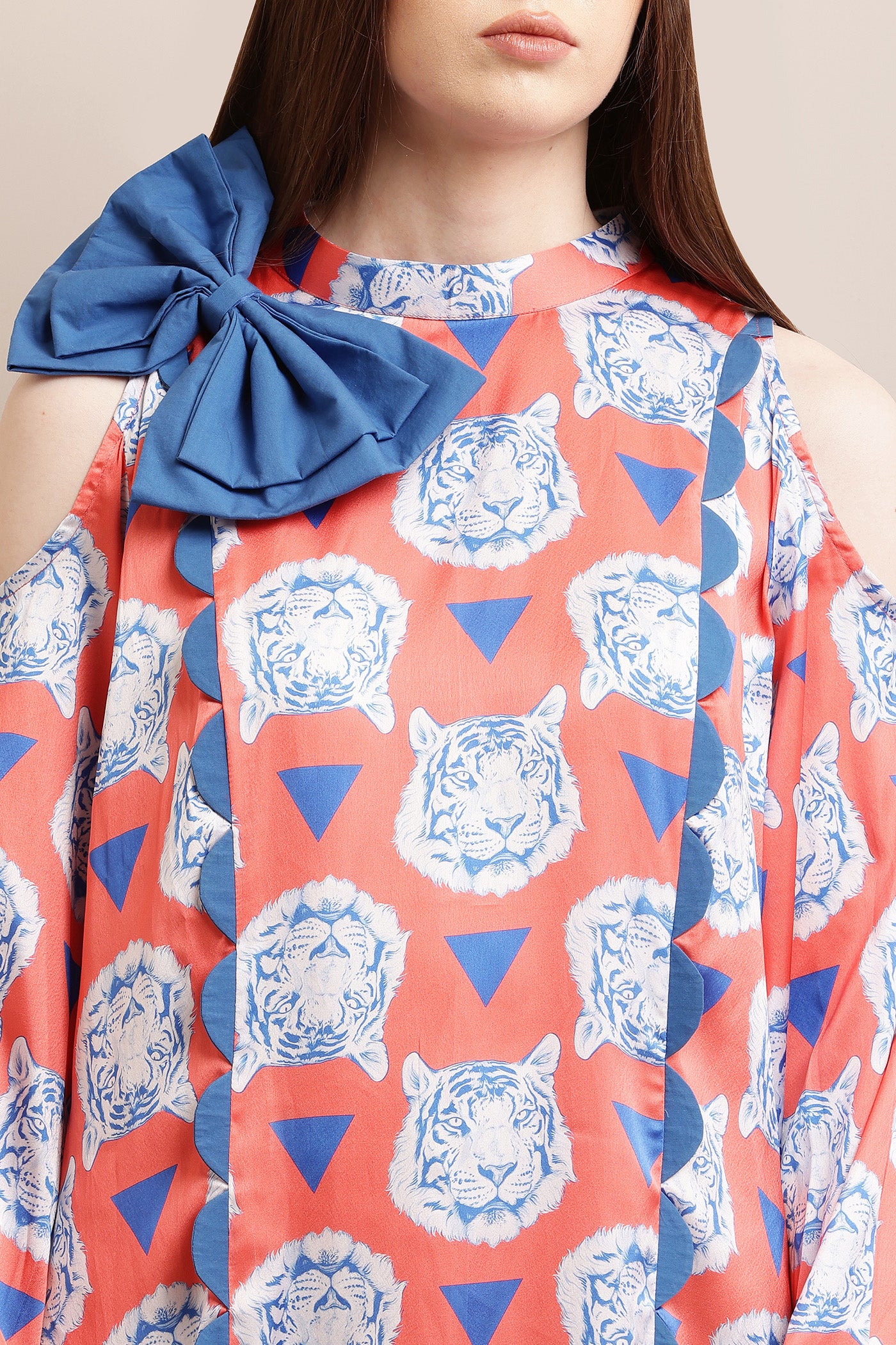 Red & Blue Print Bow & Scallop Dress