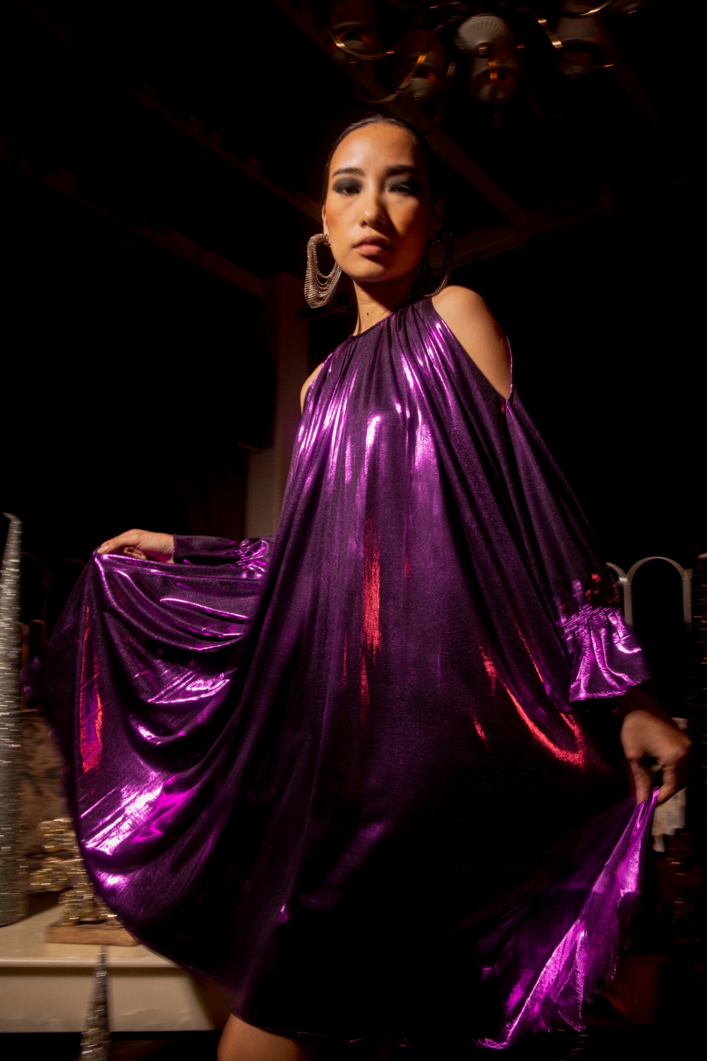 Purple Pleated Metallic Dress