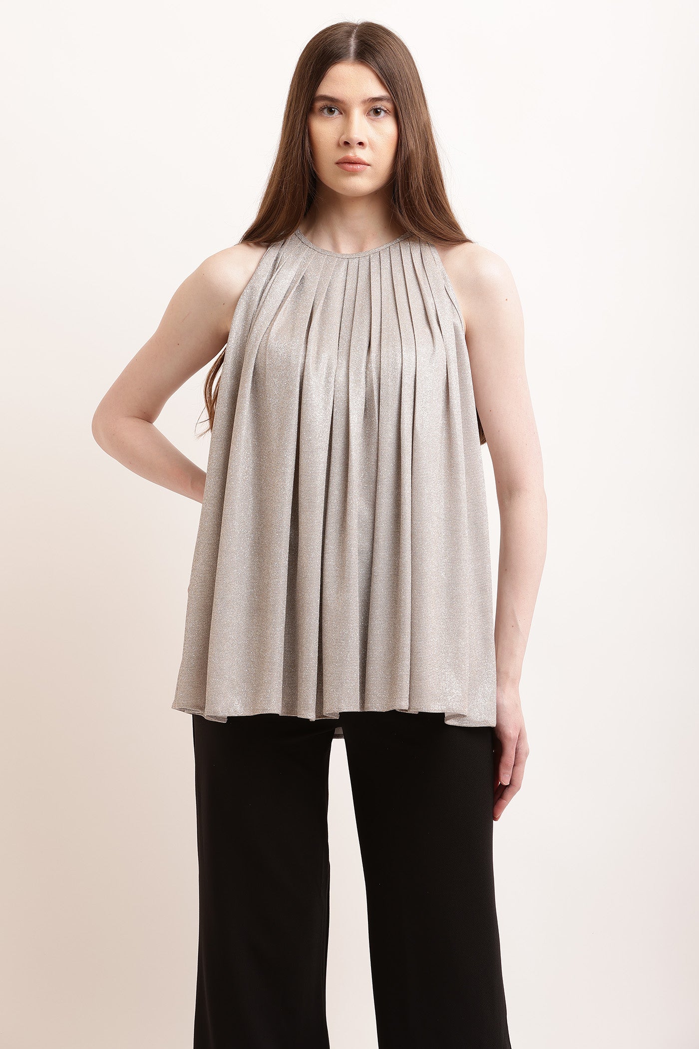 Silver Glitter Pleated Top