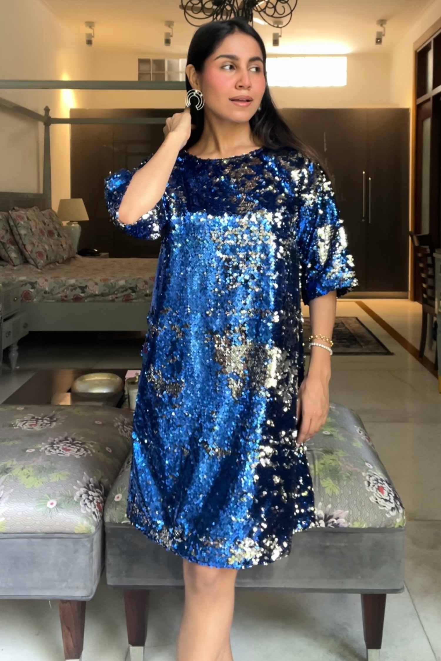 Punanya in Dark blue and silver Stardust Sequin Dress