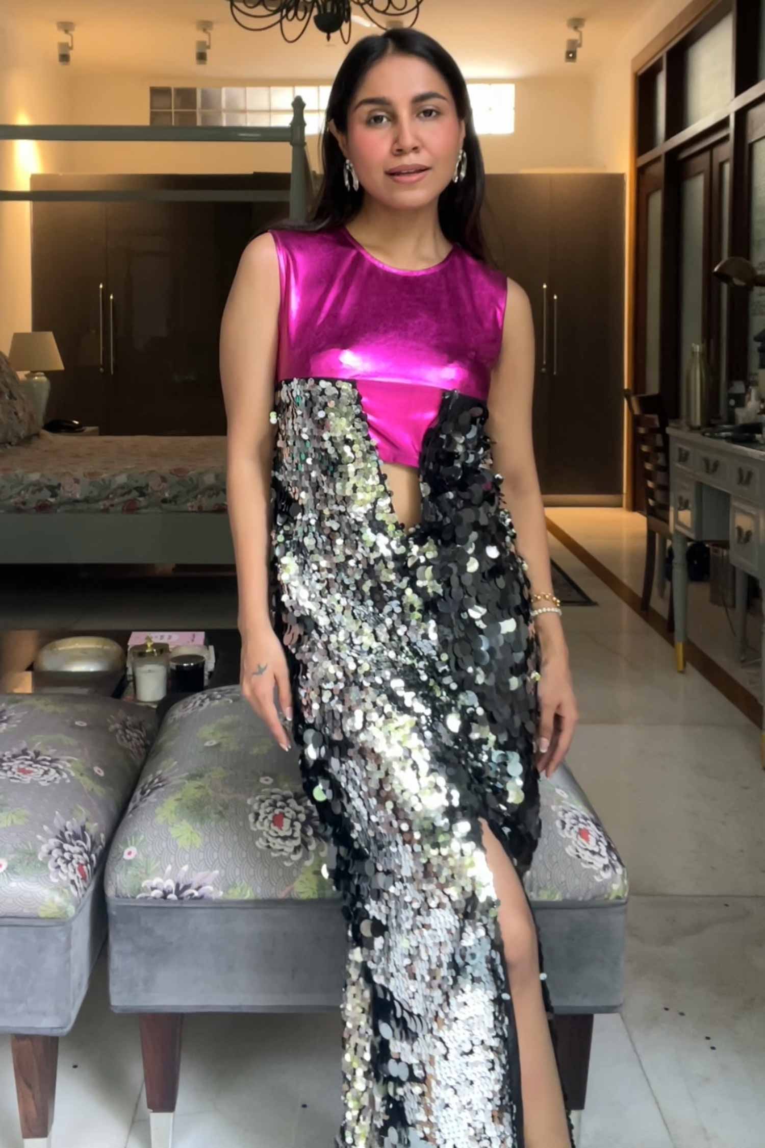 Punanya in Pink Mattalic & Silver Coin sequins gown