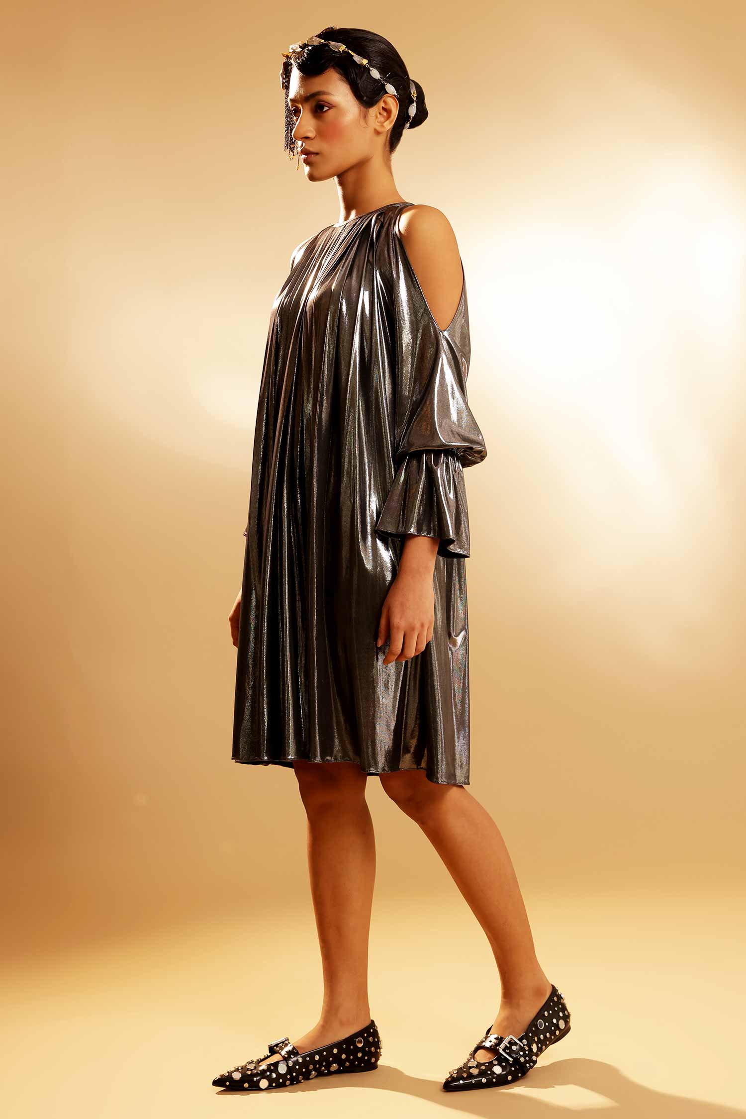 Charcoal Silver pleated metallic dress