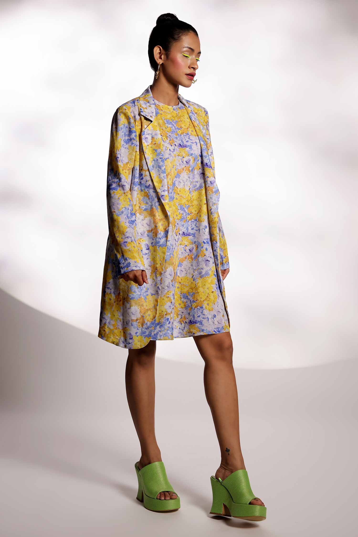 Yellow & Blue Print Blazer with dress