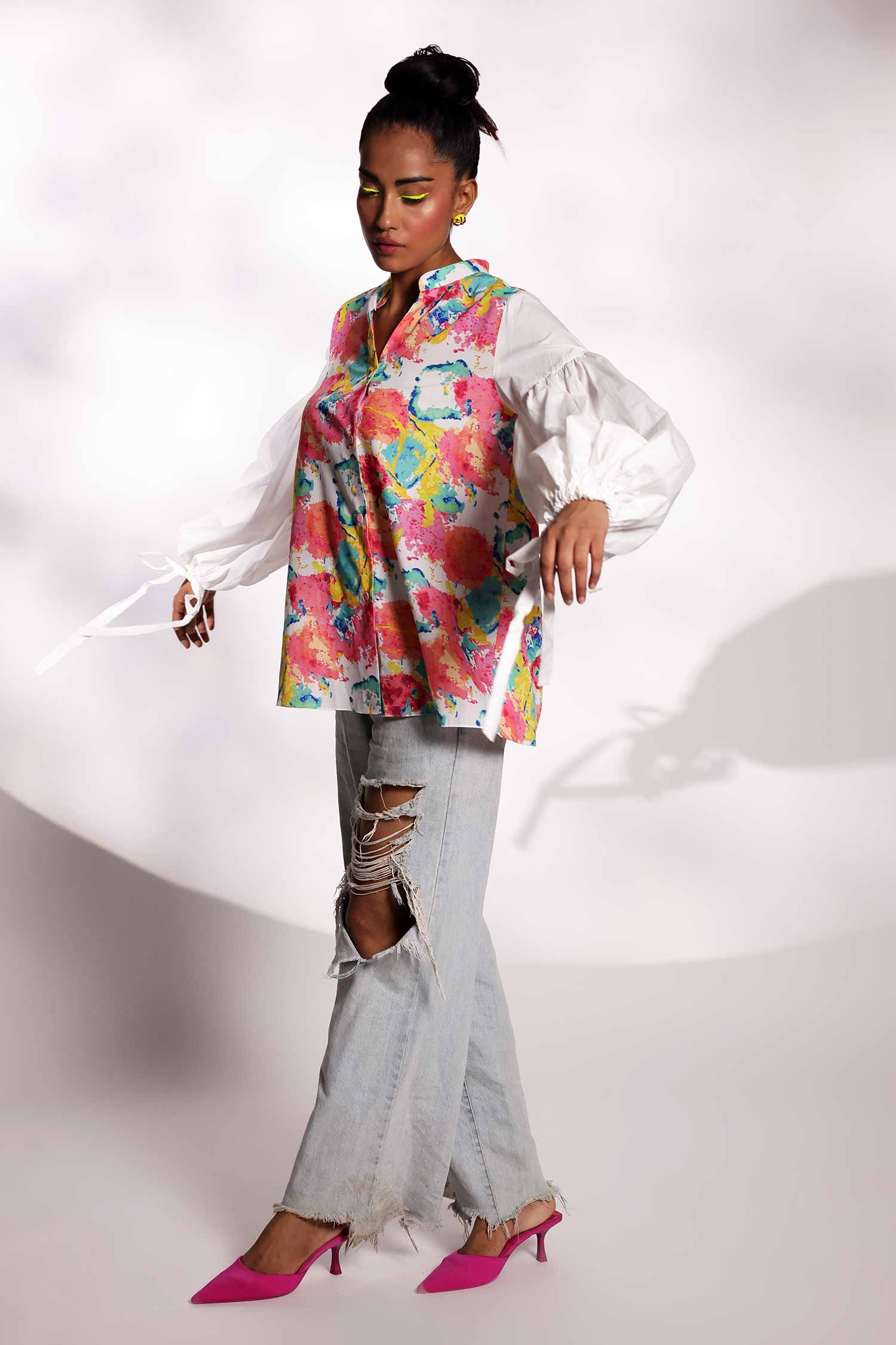 Multicolour shirt with popline white sleeves