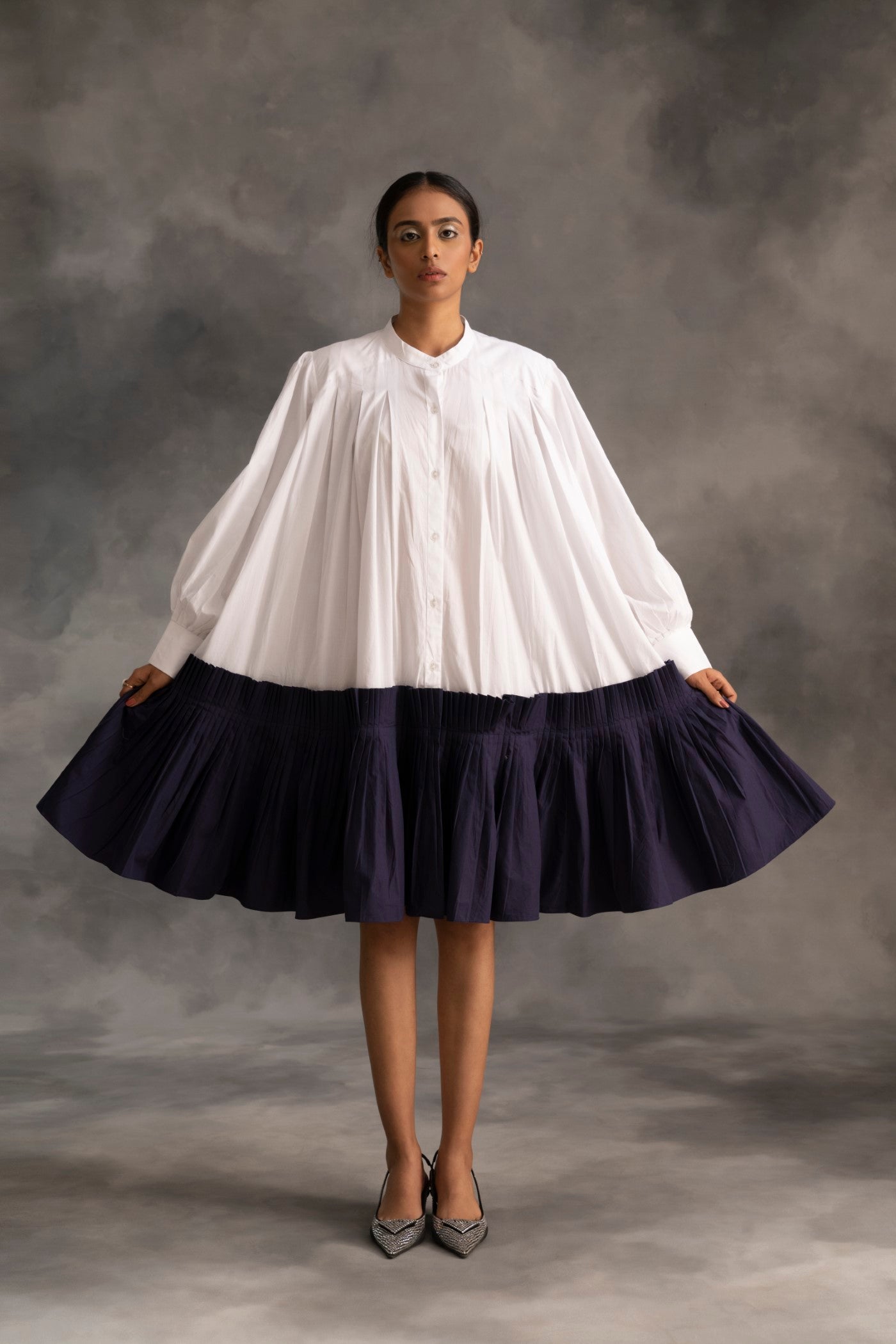 White & purple pleated dress