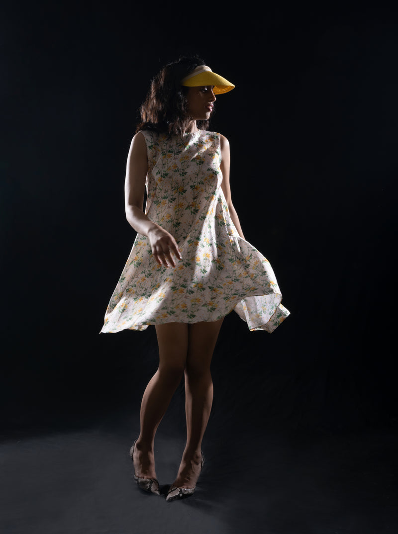 Retro Floral Yellow Printed Short Dress