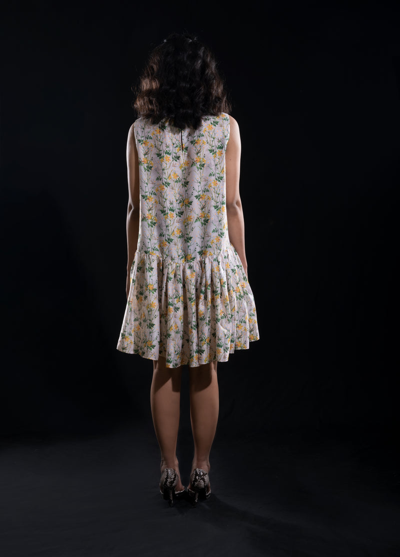 Retro Floral Yellow Printed Short Dress