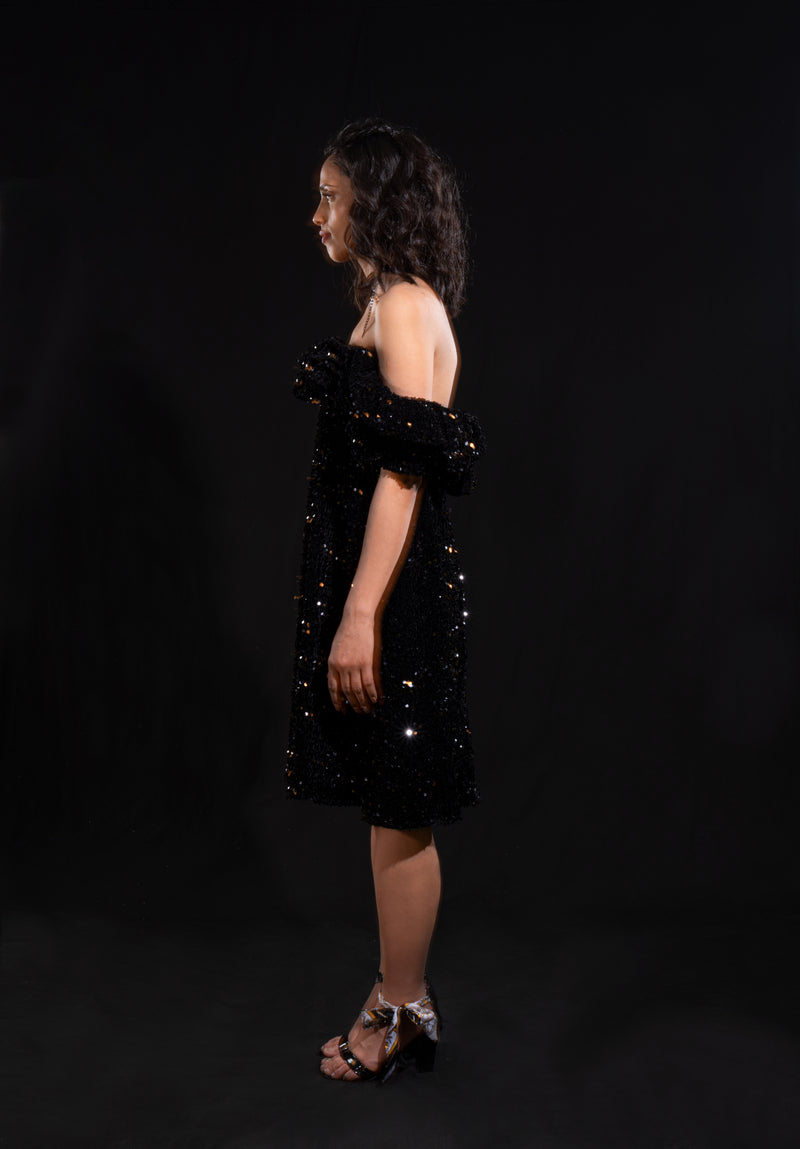 Cocktail Night Black Ruffle Shimmer Dress