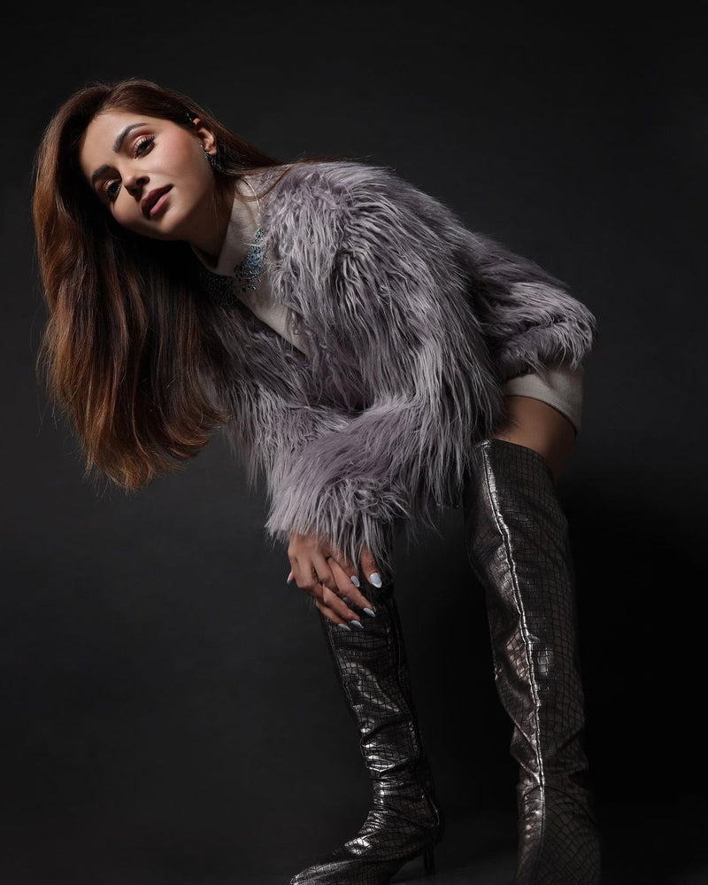 Rubina Dilaik In Lavender fur jacket with sequin belt