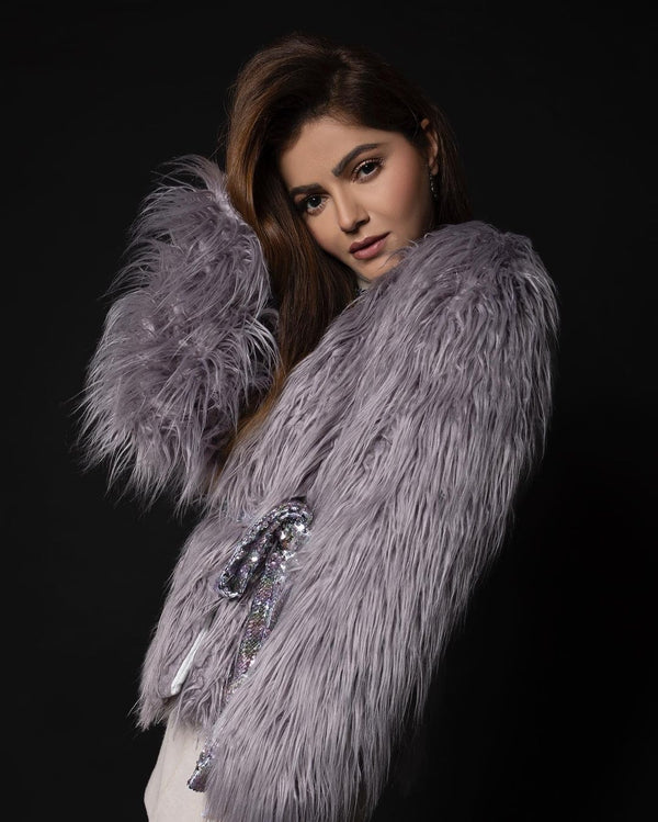 Rubina Dilaik In Lavender fur jacket with sequin belt