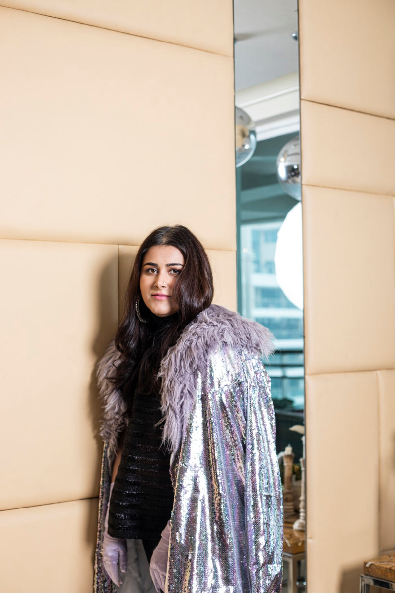 Silver sequin coat with fur collar