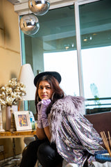 Silver sequin coat with fur collar