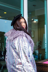 Silver sequin coat with fur collar