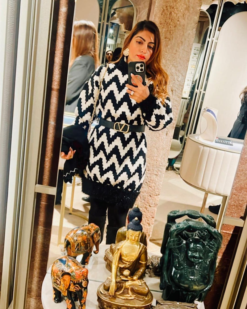 Shradha Manaktala In Black and white dress with fur neck, edge and sleeve